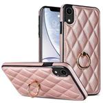 For iPhone XR Rhombic PU Leather Phone Case with Ring Holder(Rose Gold)