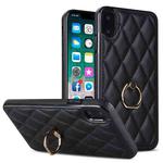 For iPhone XS Max Rhombic PU Leather Phone Case with Ring Holder(Black)