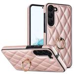 For Samsung Galaxy S23 5G Rhombic PU Leather Phone Case with Ring Holder(Rose Gold)