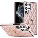 For Samsung Galaxy S23 Ultra 5G Rhombic PU Leather Phone Case with Ring Holder(Rose Gold)