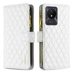 For vivo Y02 4G Diamond Lattice Zipper Wallet Leather Flip Phone Case(White)