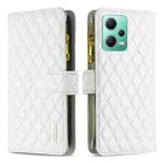For Xiaomi Redmi Note 12 Global Diamond Lattice Zipper Wallet Leather Flip Phone Case(White)