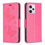 For Xiaomi Redmi Note 12 Pro+ Global Embossing Two Butterflies Pattern Leather Phone Case(Rose Red)