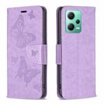 For Xiaomi Redmi Note 12 Global Embossing Two Butterflies Pattern Leather Phone Case(Purple)