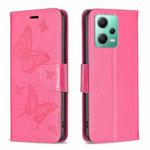 For Xiaomi Redmi Note 12 Global Embossing Two Butterflies Pattern Leather Phone Case(Rose Red)