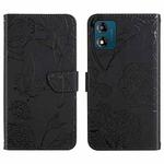 For Motorola Moto E13 4G HT03 Skin Feel Butterfly Embossed Flip Leather Phone Case(Black)