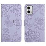 For Motorola Moto G73 5G HT03 Skin Feel Butterfly Embossed Flip Leather Phone Case(Purple)