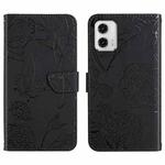 For Motorola Moto G73 5G HT03 Skin Feel Butterfly Embossed Flip Leather Phone Case(Black)