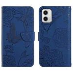 For Motorola Moto G73 5G HT03 Skin Feel Butterfly Embossed Flip Leather Phone Case(Blue)