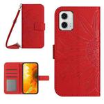 For Motorola Moto G73 5G HT04 Skin Feel Sun Flower Embossed Flip Leather Phone Case with Lanyard(Red)