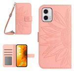 For Motorola Moto G73 5G HT04 Skin Feel Sun Flower Embossed Flip Leather Phone Case with Lanyard(Pink)