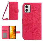 For Motorola Moto G73 5G HT04 Skin Feel Sun Flower Embossed Flip Leather Phone Case with Lanyard(Rose Red)