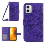 For Motorola Moto G73 5G HT04 Skin Feel Sun Flower Embossed Flip Leather Phone Case with Lanyard(Dark Purple)