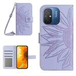 For Xiaomi Redmi 11A 4G HT04 Skin Feel Sun Flower Embossed Flip Leather Phone Case with Lanyard(Purple)