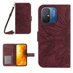 For Xiaomi Redmi 11A 4G HT04 Skin Feel Sun Flower Embossed Flip Leather Phone Case with Lanyard(Wine Red)