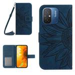 For Xiaomi Redmi 11A 4G HT04 Skin Feel Sun Flower Embossed Flip Leather Phone Case with Lanyard(Inky Blue)