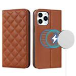 For iPhone 14 Pro Rhombic MagSafe RFID Anti-Theft Wallet Leather Phone Case(Brown)