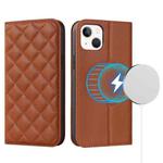For iPhone 13 Rhombic MagSafe RFID Anti-Theft Wallet Leather Phone Case(Brown)