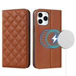 For iPhone 13 Pro Rhombic MagSafe RFID Anti-Theft Wallet Leather Phone Case(Brown)