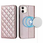 For iPhone 12 mini Rhombic MagSafe RFID Anti-Theft Wallet Leather Phone Case(Rose Gold)