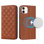 For iPhone 12 mini Rhombic MagSafe RFID Anti-Theft Wallet Leather Phone Case(Brown)