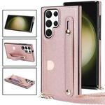 For Samsung Galaxy S23 Ultra 5G Cross-body Wristband Holder Square Phone Case(Rose Gold)