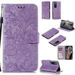 For Huawei Nova 7 Lace Flower Embossing Pattern Horizontal Flip Leather Case , with Holder & Card Slots & Wallet & Photo Frame & Lanyard(Purple)