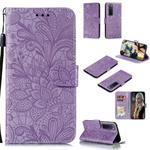 For Huawei Nova 7 Pro Lace Flower Embossing Pattern Horizontal Flip Leather Case , with Holder & Card Slots & Wallet & Photo Frame & Lanyard(Purple)