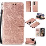 For Huawei P40 Pro Plus Lace Flower Embossing Pattern Horizontal Flip Leather Case , with Holder & Card Slots & Wallet & Photo Frame & Lanyard(Rose Gold)