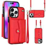For iPhone 14 Pro Max RFID Card Slot Phone Case with Long Lanyard(Red)