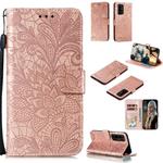 For Huawei Honor 30 Lace Flower Embossing Pattern Horizontal Flip Leather Case , with Holder & Card Slots & Wallet & Photo Frame & Lanyard(Rose Gold)