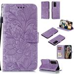 For Huawei Honor 30 Lace Flower Embossing Pattern Horizontal Flip Leather Case , with Holder & Card Slots & Wallet & Photo Frame & Lanyard(Purple)