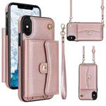 For iPhone XS Max RFID Card Slot Phone Case with Long Lanyard(Rose Gold)