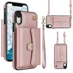 For iPhone XR RFID Card Slot Phone Case with Long Lanyard(Rose Gold)