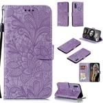 For Galaxy A11 Lace Flower Embossing Pattern Horizontal Flip Leather Case , with Holder & Card Slots & Wallet & Photo Frame & Lanyard(Purple)