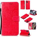 For Galaxy A41 Lace Flower Embossing Pattern Horizontal Flip Leather Case , with Holder & Card Slots & Wallet & Photo Frame & Lanyard(Red)