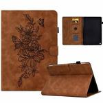 For Amazon Kindle Fire HD10 2021 Peony Butterfly Embossed Leather Smart Tablet Case(Brown)
