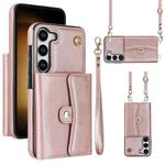 For Samsung Galaxy S23 5G RFID Card Slot Leather Phone Case with Long Lanyard(Rose Gold)