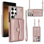 For Samsung Galaxy S23 Ultra 5G RFID Card Slot Leather Phone Case with Long Lanyard(Rose Gold)