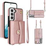 For Samsung Galaxy S22 5G RFID Card Slot Leather Phone Case with Long Lanyard(Rose Gold)