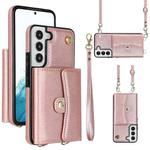 For Samsung Galaxy S22+ 5G RFID Card Slot Leather Phone Case with Long Lanyard(Rose Gold)