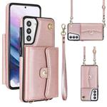 For Samsung Galaxy S21+ 5G RFID Card Slot Leather Phone Case with Long Lanyard(Rose Gold)