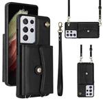 For Samsung Galaxy S21 Ultra 5G RFID Card Slot Leather Phone Case with Long Lanyard(Black)