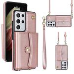 For Samsung Galaxy S21 Ultra 5G RFID Card Slot Leather Phone Case with Long Lanyard(Rose Gold)
