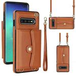 For Samsung Galaxy S10+ RFID Card Slot Leather Phone Case with Long Lanyard(Brown)