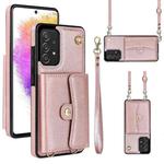 For Samsung Galaxy A73 5G RFID Card Slot Leather Phone Case with Long Lanyard(Rose Gold)