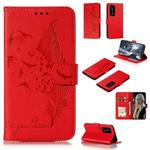 For Huawei P40 Pro+ Litchi Texture Feather Embossing Pattern Horizontal Flip Leather Case with Holder & Card Slots & Wallet & Photo Frame & Lanyard(Red)