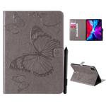 For iPad Pro 12.9 (2020) Pressed Printing Butterfly Pattern Horizontal Flip Leather Tablet Case with Holder & Card Slots & Wallet(Grey)