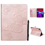 For iPad Pro 12.9 (2020) Pressed Printing Butterfly Pattern Horizontal Flip Leather Tablet Case with Holder & Card Slots & Wallet(Rose Gold)