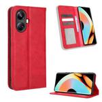 For Realme 10 Pro+ Magnetic Buckle Retro Texture Leather Phone Case(Red)